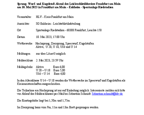 Ausschreibung Sprung- Wurf- und Kugelstoß-Abend 2023