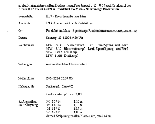 Update:Ausschreibung zu den Kreismeisterschaften Blockwettkampf